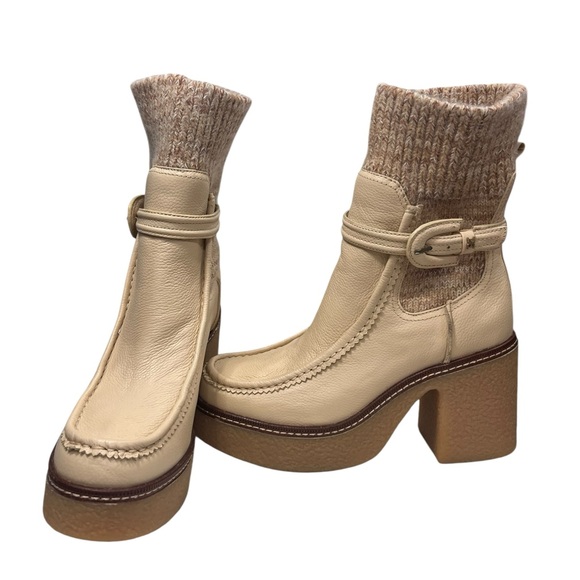 Sam Edelman Cream Leather Knit Cuff Heeled Boots, Austrian Wool - Picture 2 of 13